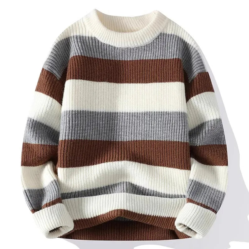 Men's Striped Round-Neck Casual Knit Pullovers Long Sleeve Knitted Sweater