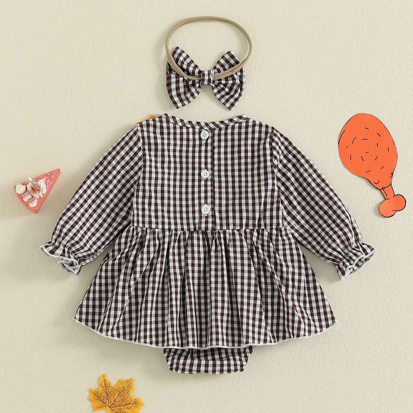 Baby Girls Thanksgiving Romper Dress with Headband - Turkey Plaid Ruffle Long Sleeve Jumpsuit
