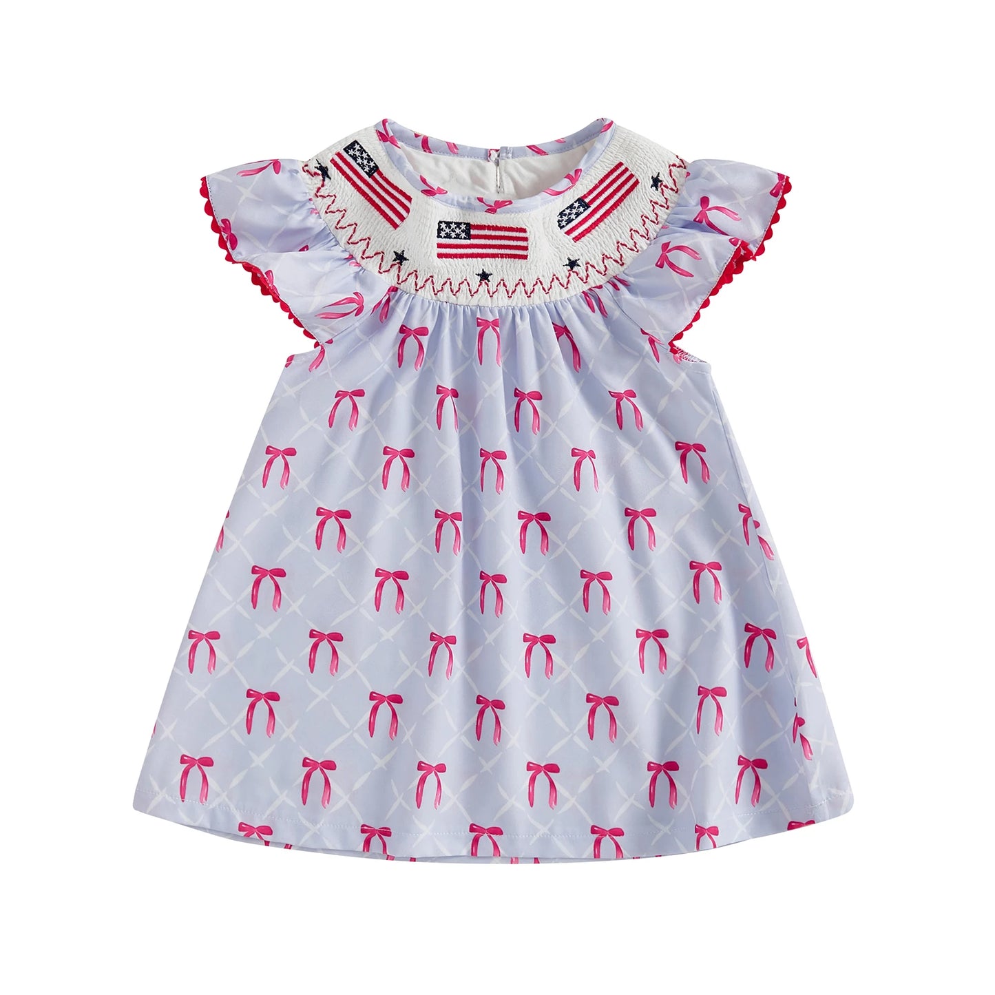 Kids Girls Dress 0-5Y USA Flag Embroidery Dot/Plaid Print Short Sleeve A-Line Dress