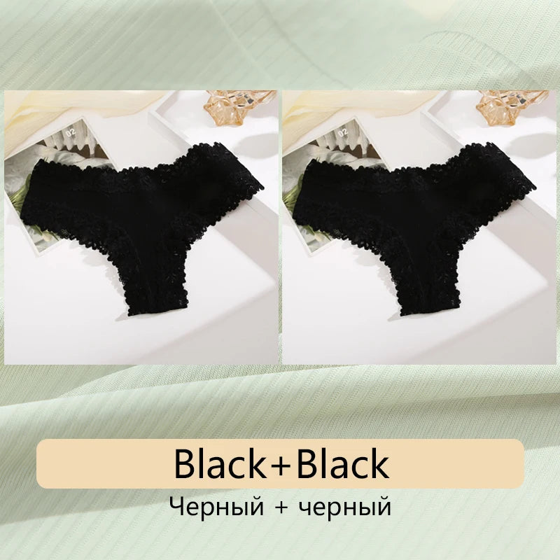 2PCS Women's Cotton Underwear - Lace Floral Low Rise Comfortable Lingerie