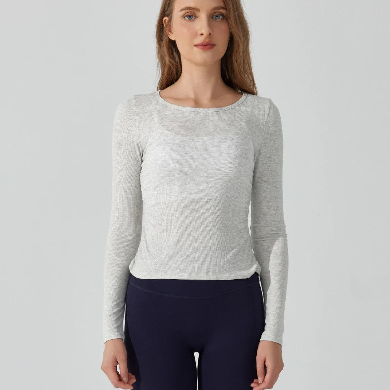 Women's Long Sleeve Yoga Shirt Slim Fit Gym Top Breathable Ribbed Gym Running Top Workout Sportswear