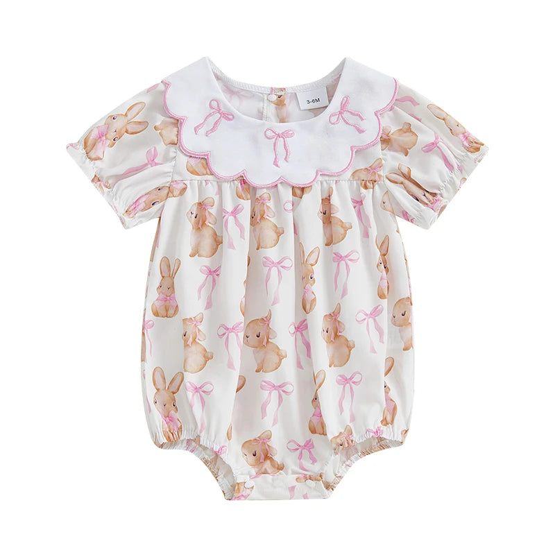 Easter Baby Girls Cute Romper - 3 Style Rabbit Bow Print Doll Collar Ruffle Short Sleeve Bodysuit (0-18M)