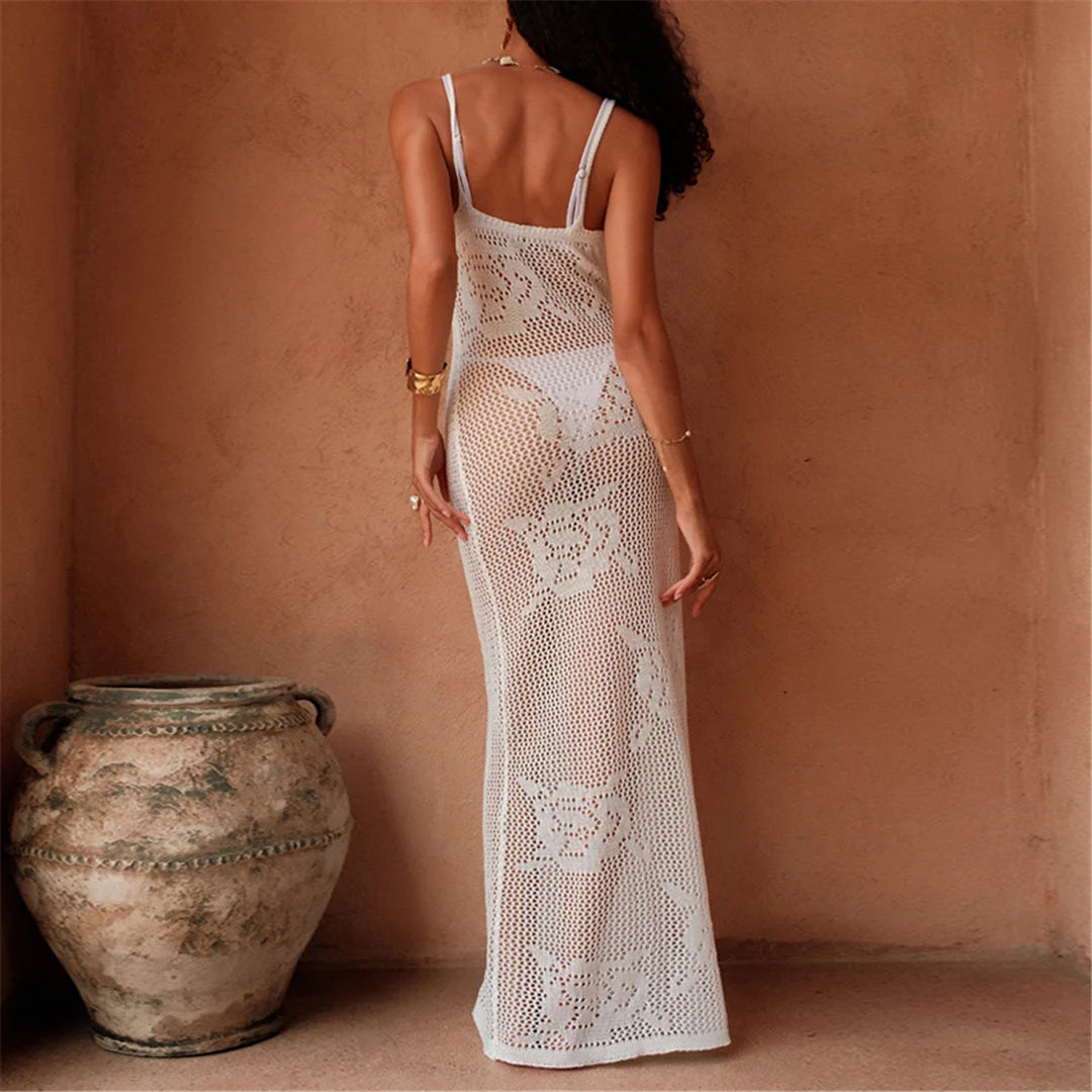 Women's Hollow Out Sleeveless Crochet Knitted Tunic Beach Cover Up Long Beach Dress