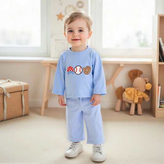 Autumn Winter Baby Boys Clothing Set - Baseball Embroidery Sweatshirt & Plaid Pants