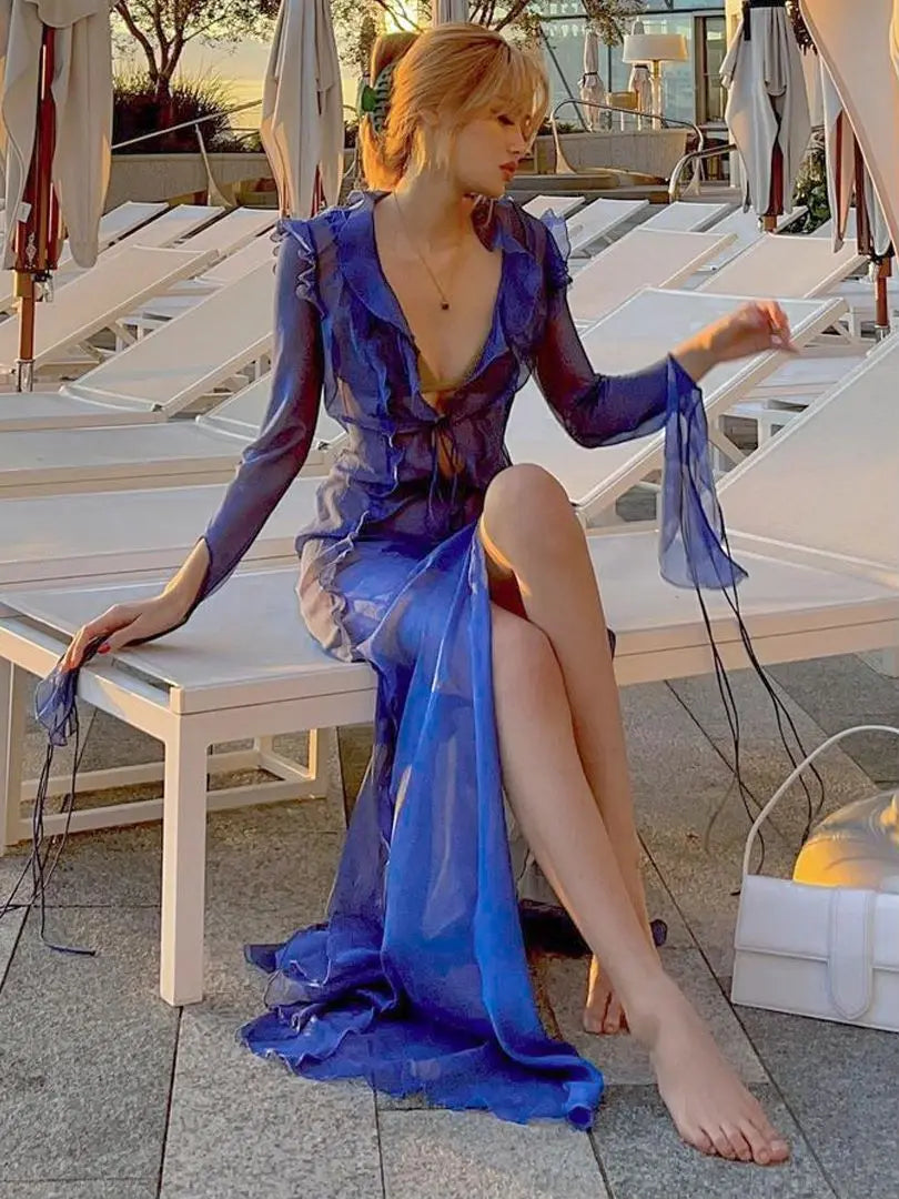 Women's Ruffle See Through Maxi Mesh Tie Up Long Beach Dress
