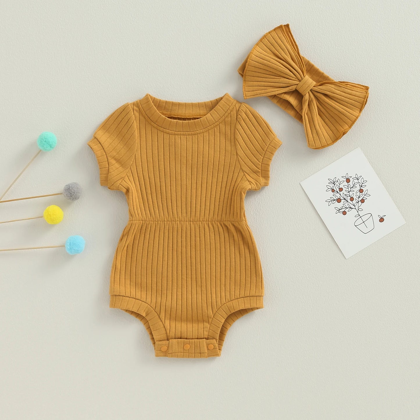 Newborn Baby Girl Romper Set - Short Sleeve Jumpsuit with Bow Headband (3 Colours)