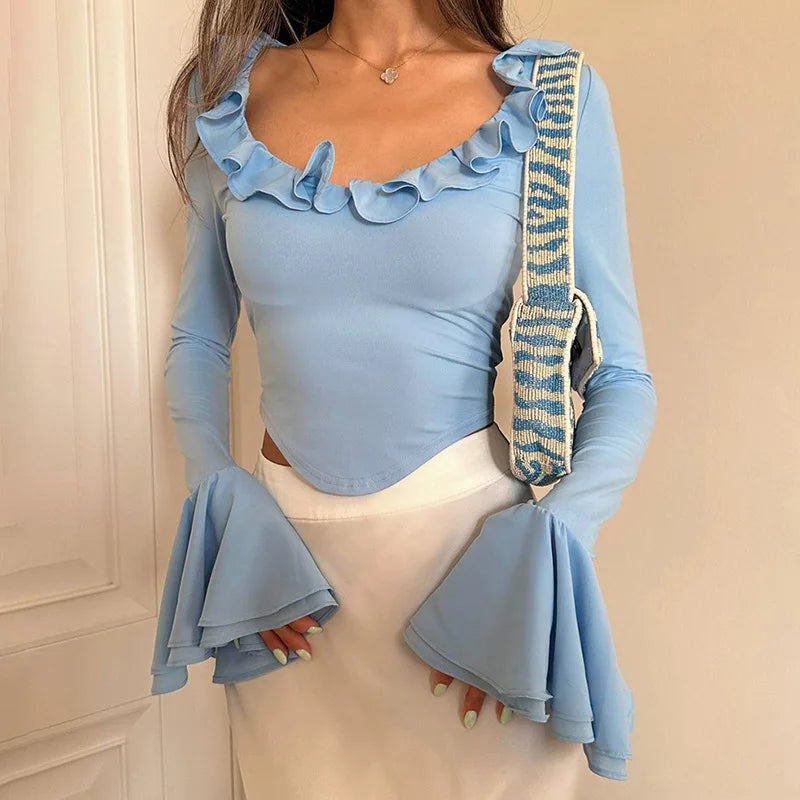 Women's Elegant Frill Ruffle Detail Flare Sleeve Tops Low Plunge Neck Slim Tie Back Cropped Top