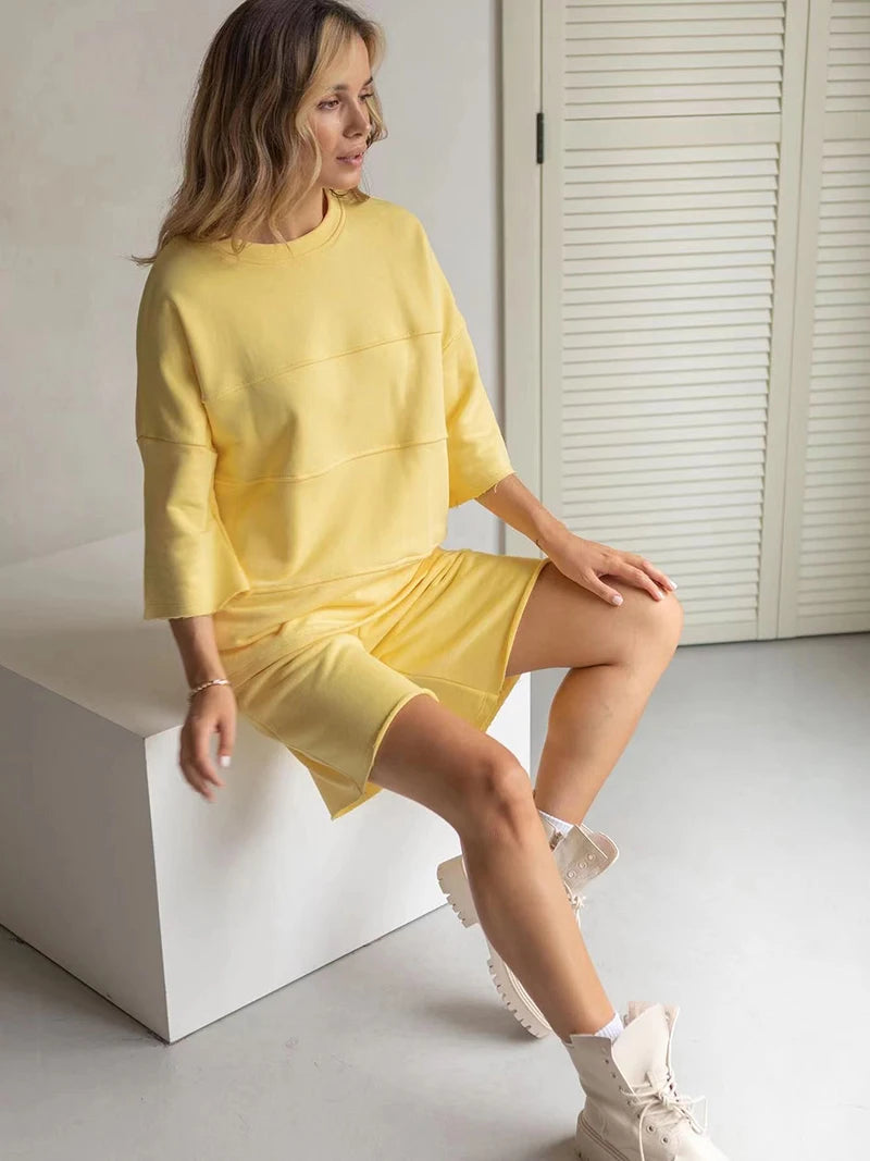 Women's 100% Cotton Shorts Set Half Sleeve Patchwork T Shirts & High Waist Shorts Two Pieces Set