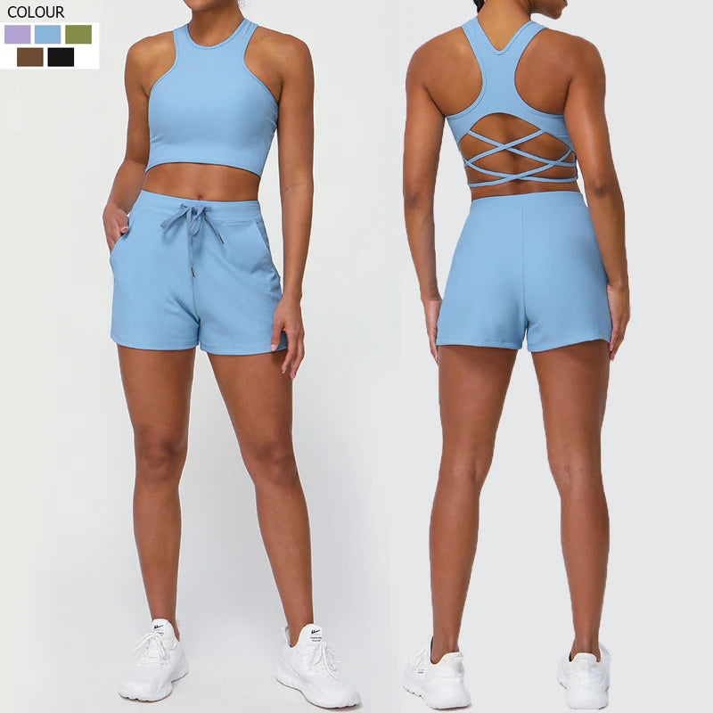 Women's Two Pieces Fitness Yoga Set Gym Breathable Quick Dry Running Short Sportswear Workout Set
