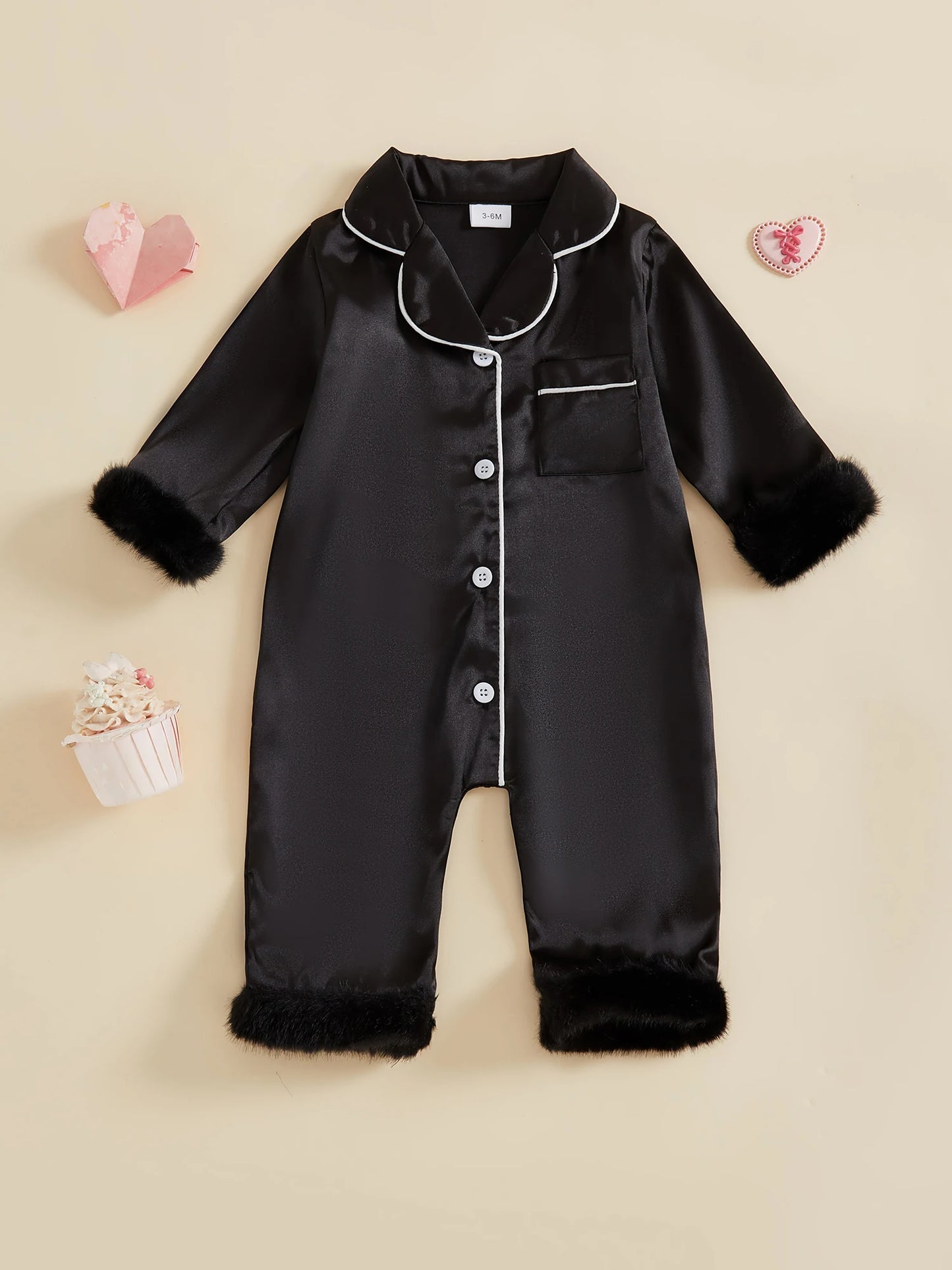 Baby Satin Pajama Romper - Fur Trim Button Down with Lapel