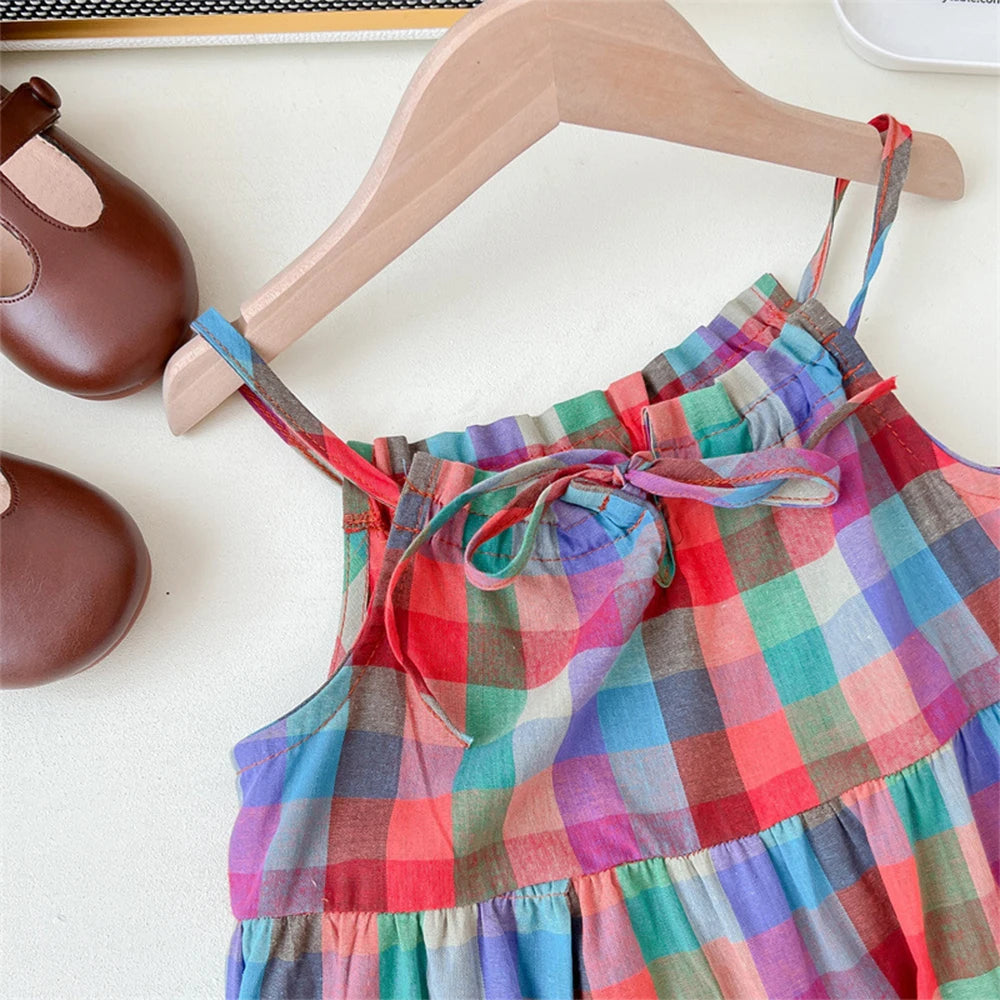 Girl's Summer Plaid Strap  Sleeveless Dress