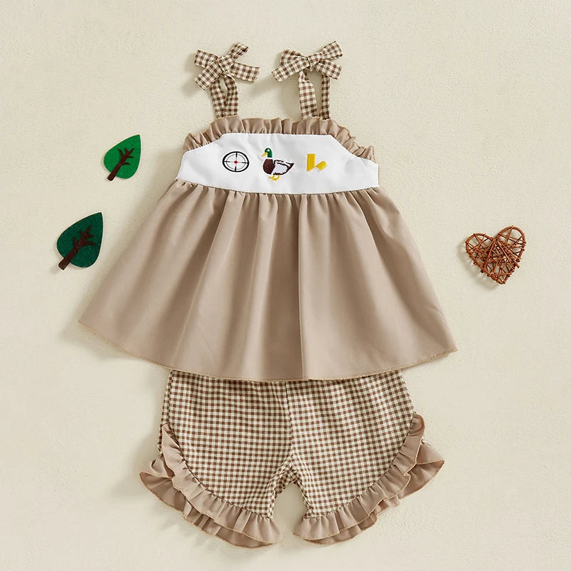 3-7Y Toddler Kids Girls Clothes Set 2pcs Sleeveless Tie-up Duck Embroidery Camisole with Ruffled Plaid Shorts