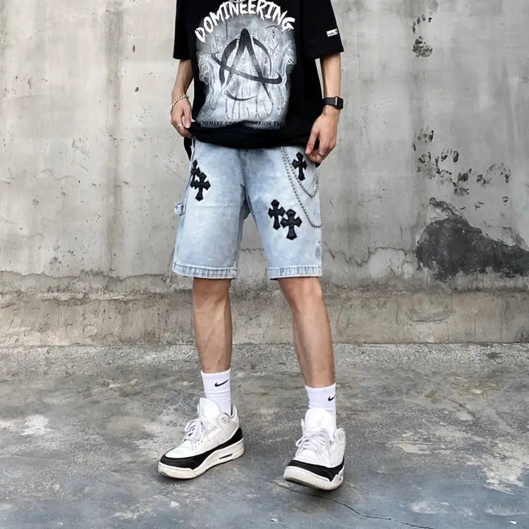 Men's Versatile American Cross Embroidery Washed Denim Shorts