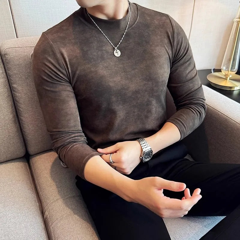 Men's Spring Autumn Tie-Dye 95% Cotton Long Sleeve Slim Fit Casual Elastic T-Shirt