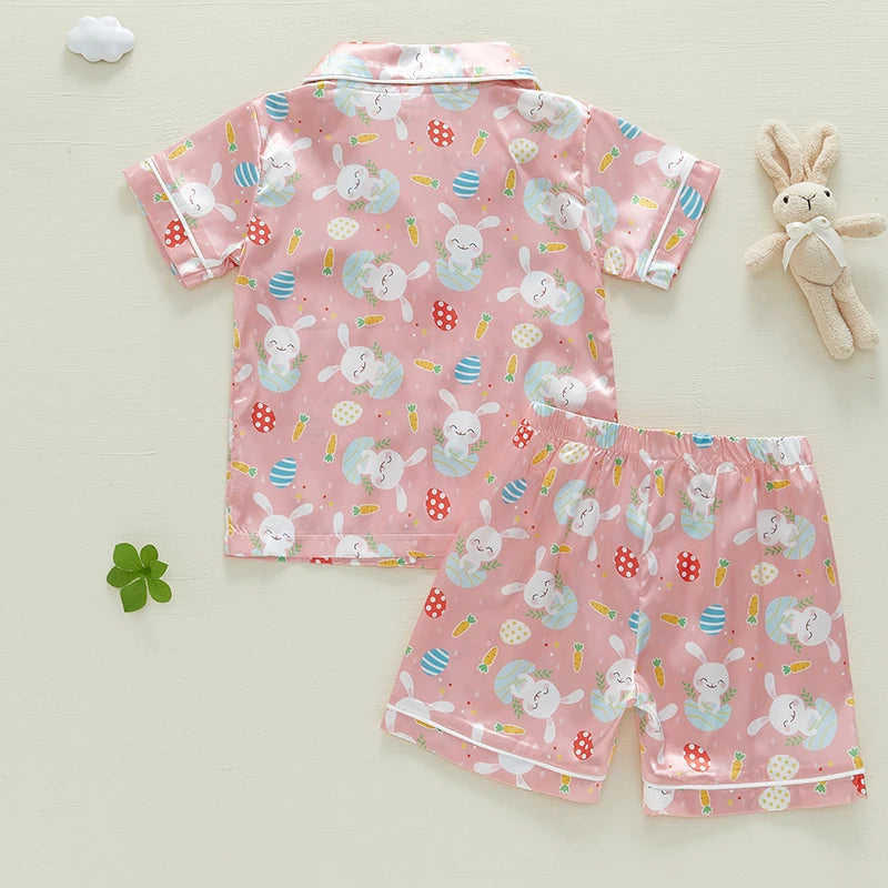 1-7Y Kids Girls Easter Pyjamas Clothes Set Rabbit Carrot Print Button Down V Neck Short Sleeve Tops and Shorts