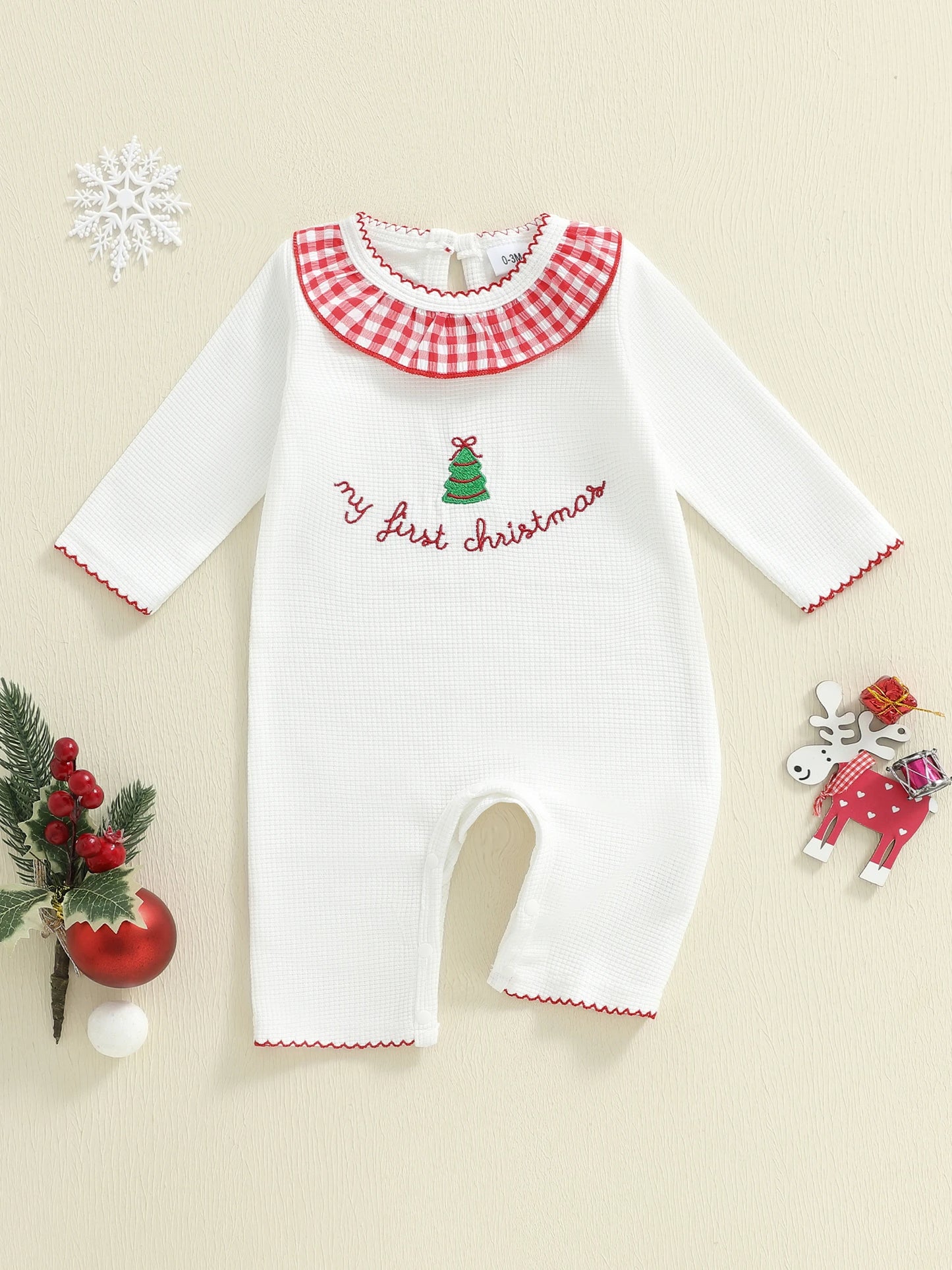 Baby Christmas Tree Embroidered Plaid Romper (0-6M)