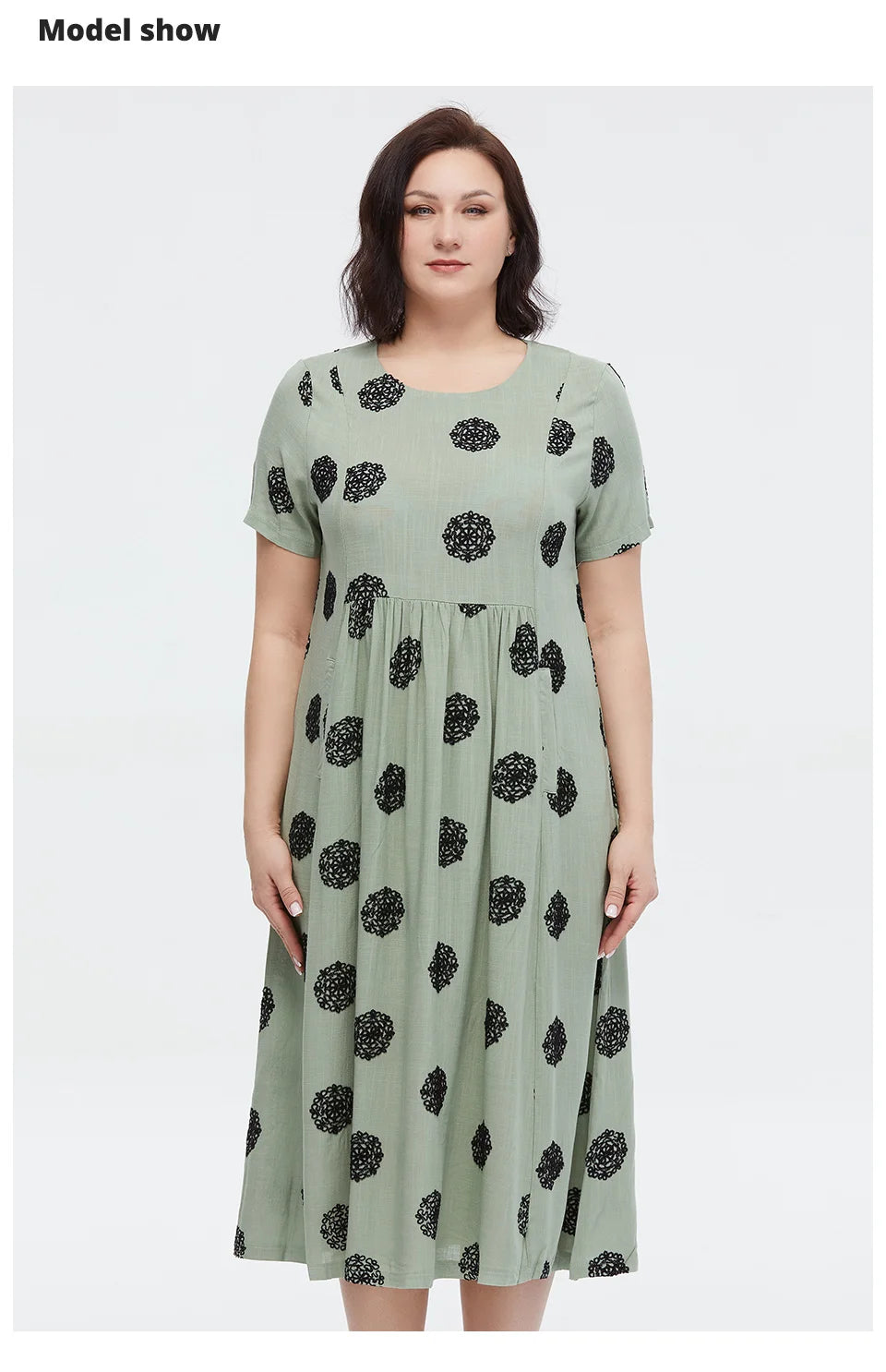 Women's Summer Elegant Cotton Oversize Office Polka Dot Embroidery Design Pocket Long Dress