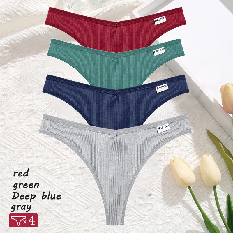 Women's 4Pcs Cotton Striped Solid Underwear V Waist G-string Panties Comfortable Soft T-back Bikini