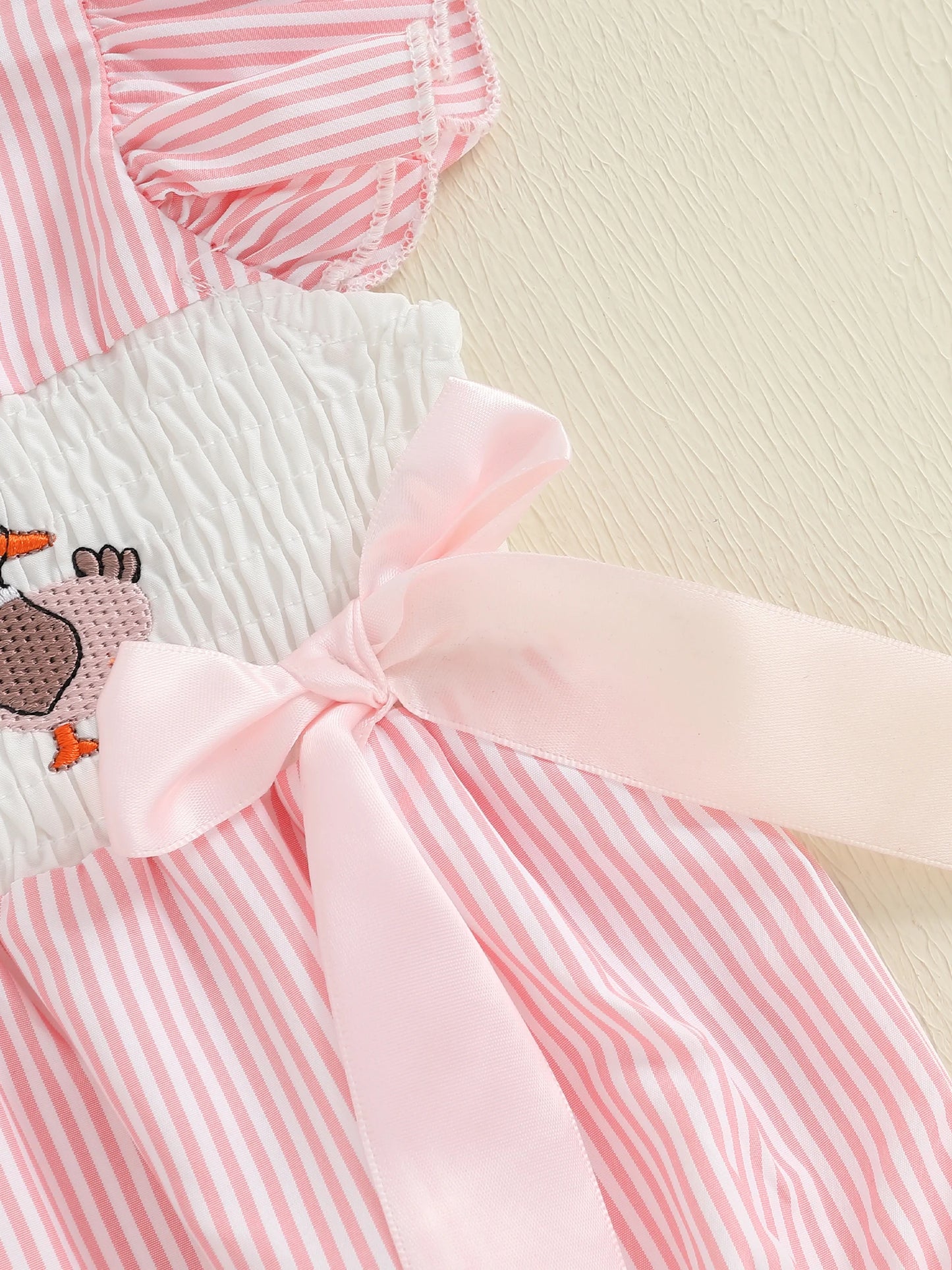 Baby Girls Striped Duck Embroidery Romper - Short Sleeve Jumpsuit with Bow (0-18M)