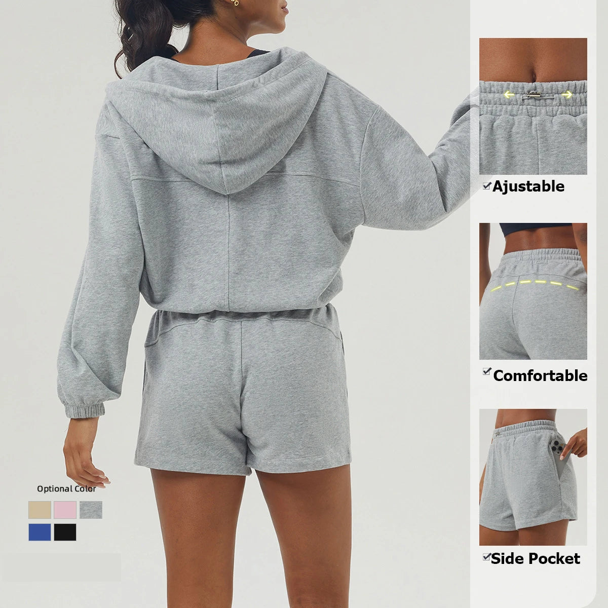 Women's Gym Running Suit Breathable Two Pieces Fitness Yoga Set Long Sleeve Hoodie Shorts Workout Sportswear