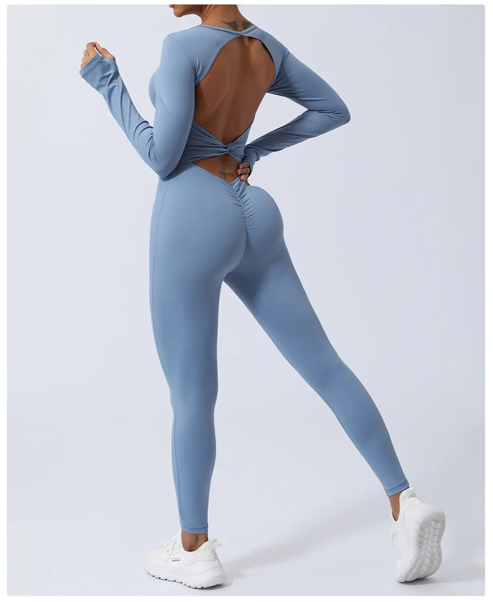 Women's Long Sleeve Gym Jumpsuit - One Piece Yoga Openwork Back Workout Breathable Sportswear