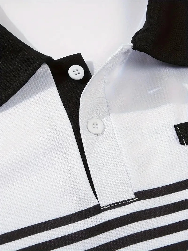 Men's Summer Polo Patchwork Short Sleeve Smart Casual Striped Turn Down Collar Shirt