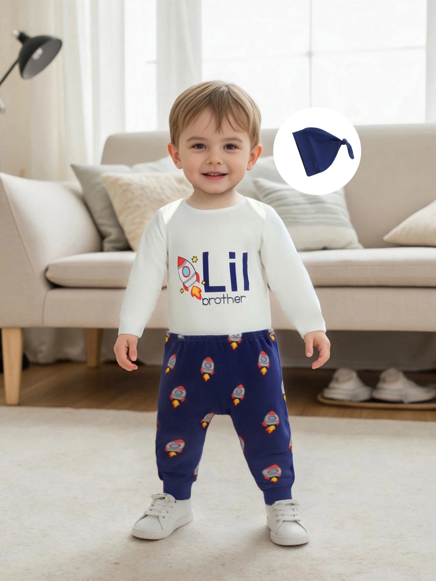 Baby Boys 3-Piece Cartoon Print Outfit Set with Hat (0-6M)