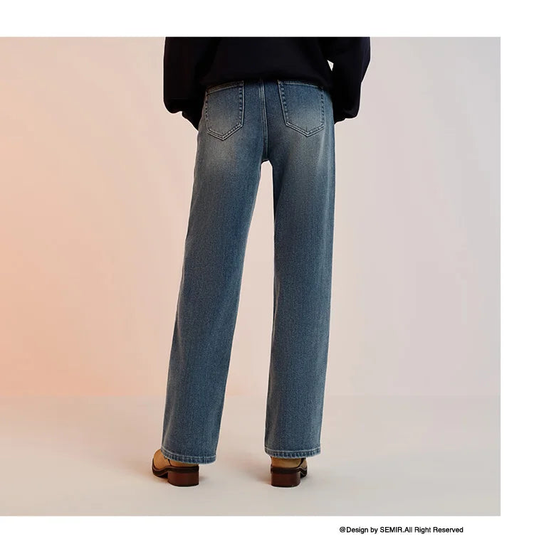 Women's Wide Leg Brushed Denim Jeans - Loose Fit Winter Warm Long Pants