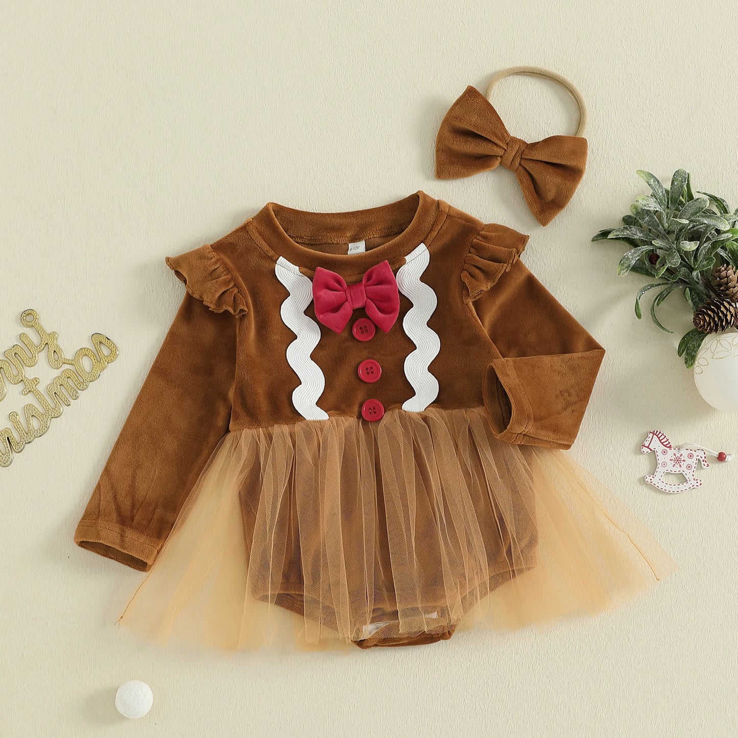 Baby Girls Christmas Gingerbread Man Romper Dress with Bow Headband (0-18M)