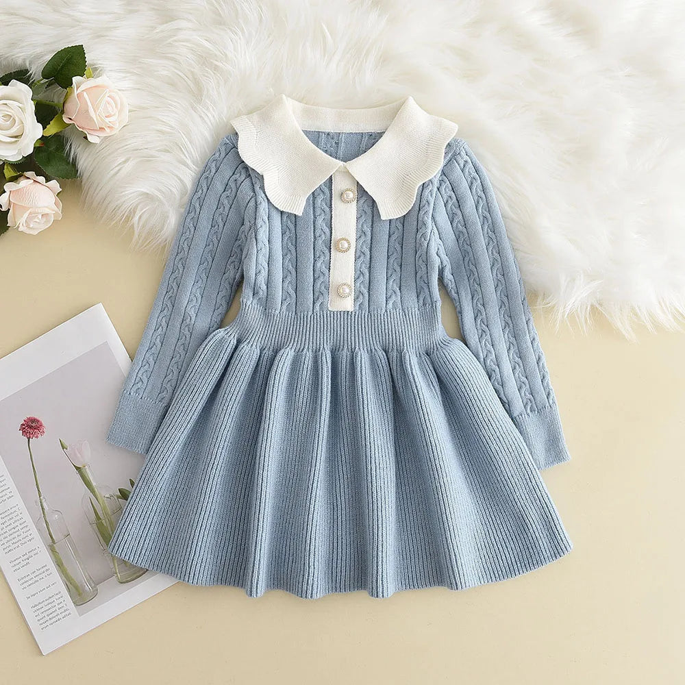 Girl's Baby Sweater Knitted Dress - Polka Dots Pleated Princess Dress