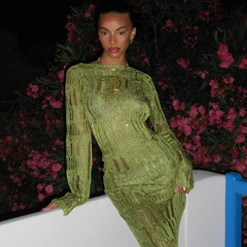 Women's Hollow Out Knitted Open Back Maxi  Elegant Long Sleeve Sheer Dress