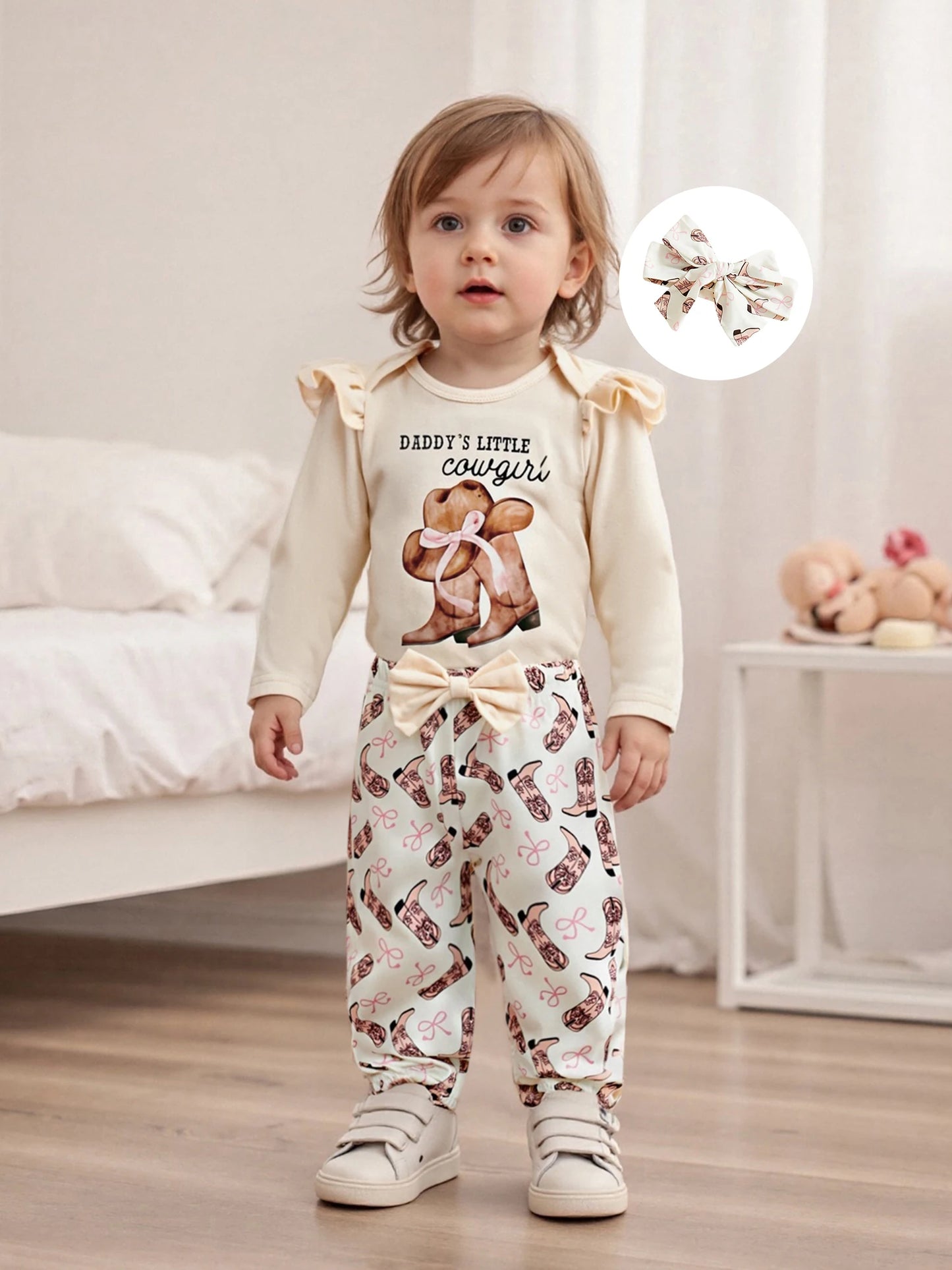 Baby Girls Western Outfit Set - 3-Piece Jumpsuit, Headband & Pants