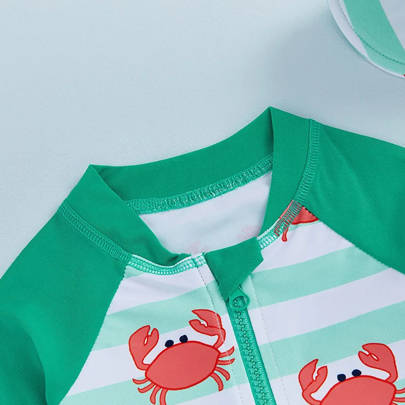 0-4Y Toddler Kids Boys Swimwear Summer Crab Stripe Print Zipper Rash Guard Swimsuit and Hat Beachwear