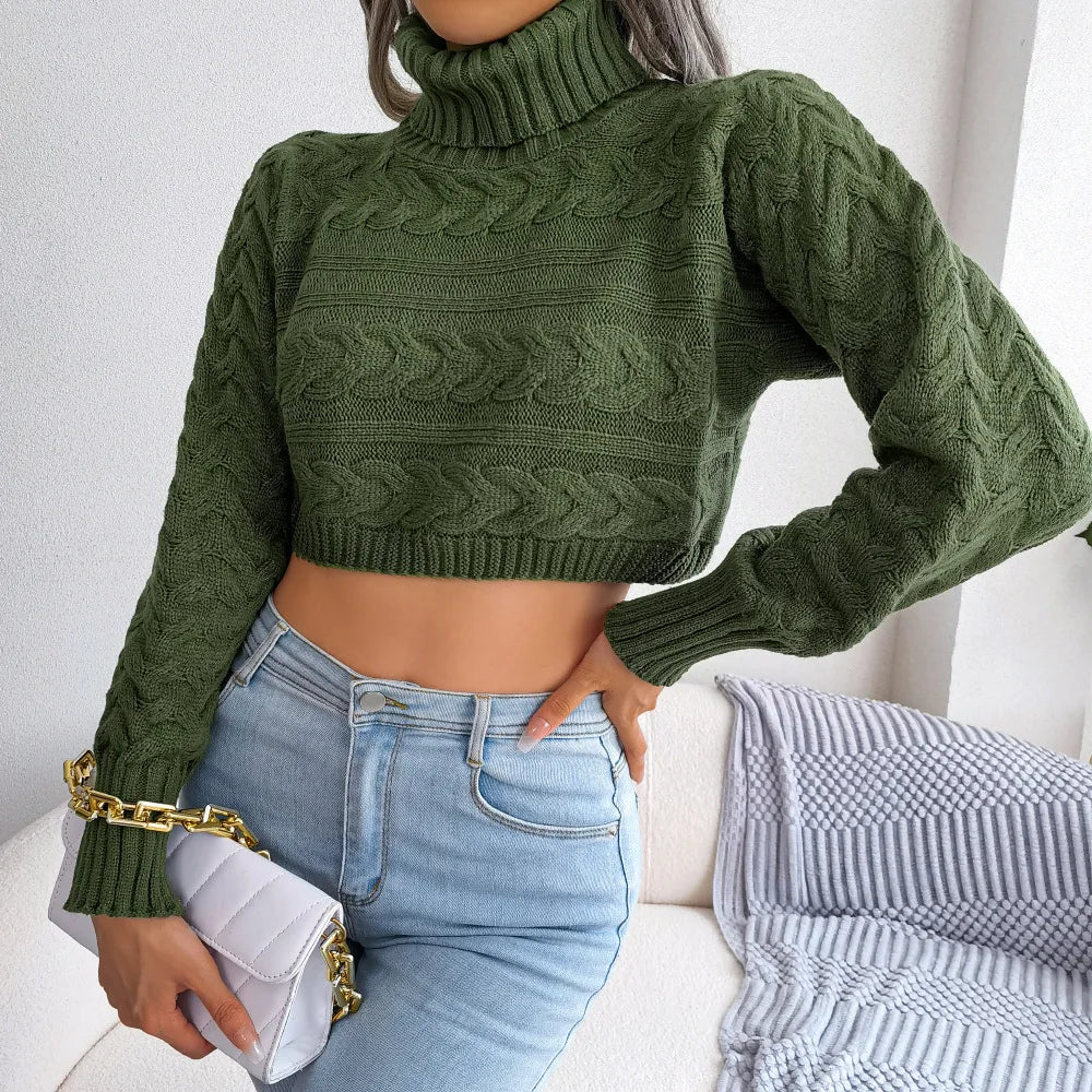 Women's Autumn Winter Casual Twist Long Sleeve Turtleneck Crop Knit Sweater