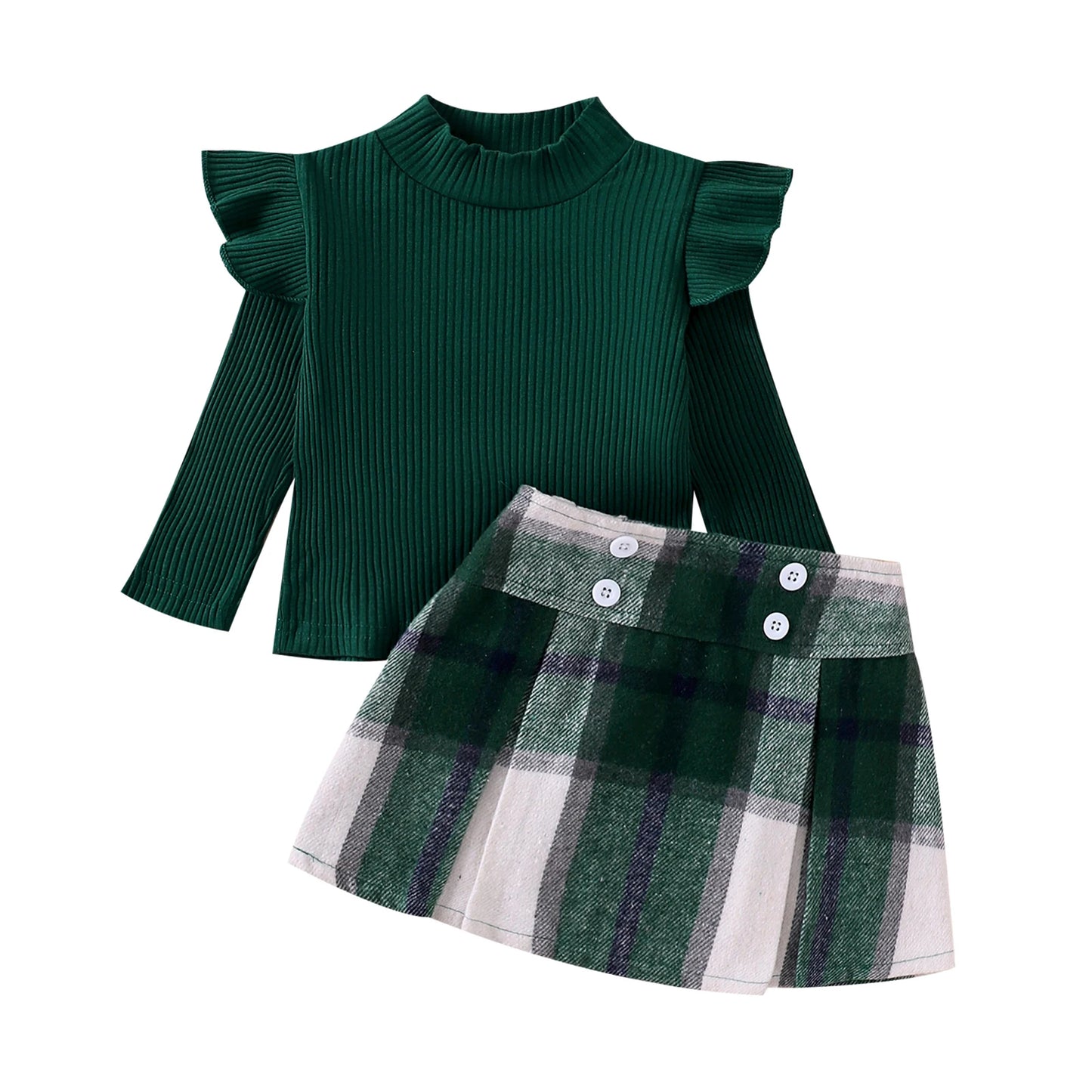 Little Girl Fall Clothes Set - Ruffle Long Sleeve Ribbed Top & Plaid A-Line Skirt