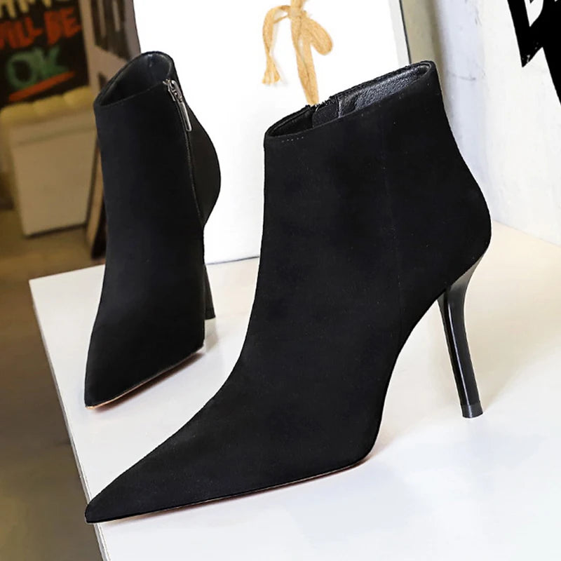 Black Suede Ankle Boots - Pointed Toe Stiletto Heels with Side Zipper