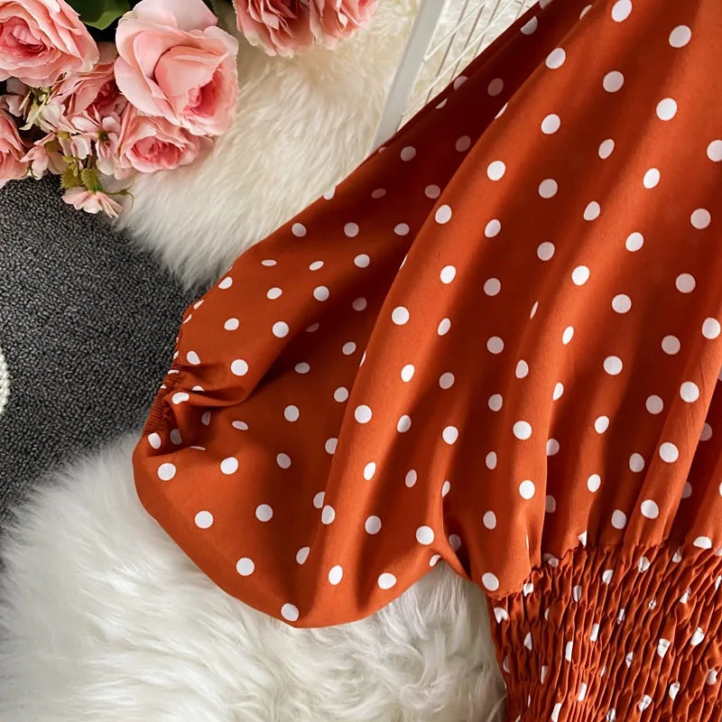 Women's V-Neck Polka Dot Jumpsuit - Wide Leg Trousers with Dolman Sleeves