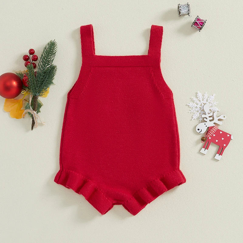 Baby Girl's Knit Romper - Sleeveless Square Neck Letter Embroidery Ruffle