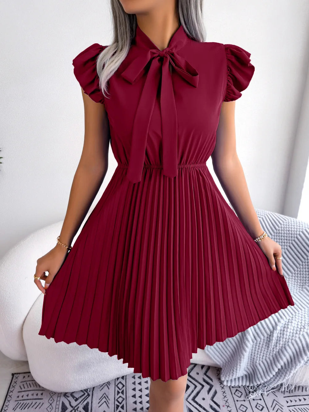 Women's Spring Summer Elegant Lace Up High Waist Large Fold Bow Collar Pleated Dress