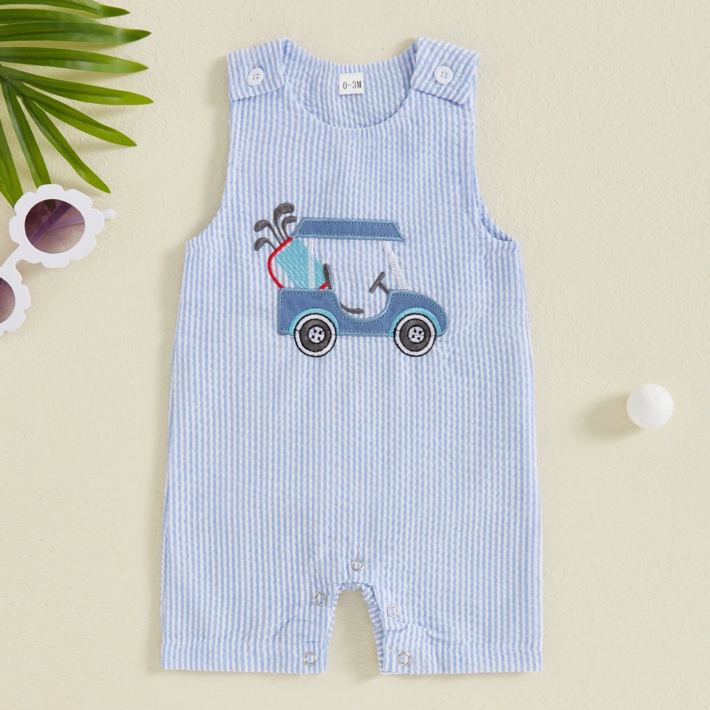 0-18M Baby Boys Romper Sleeveless Crew Neck Striped Print Golf Car Embroidery Summer Jumpsuits Pants