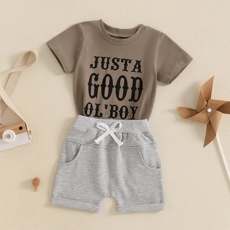 0-4Y Infant Kids Boys Casual Clothes Set Letter Print Short Sleeve Pullover T-shirts Solid Elastic Shorts