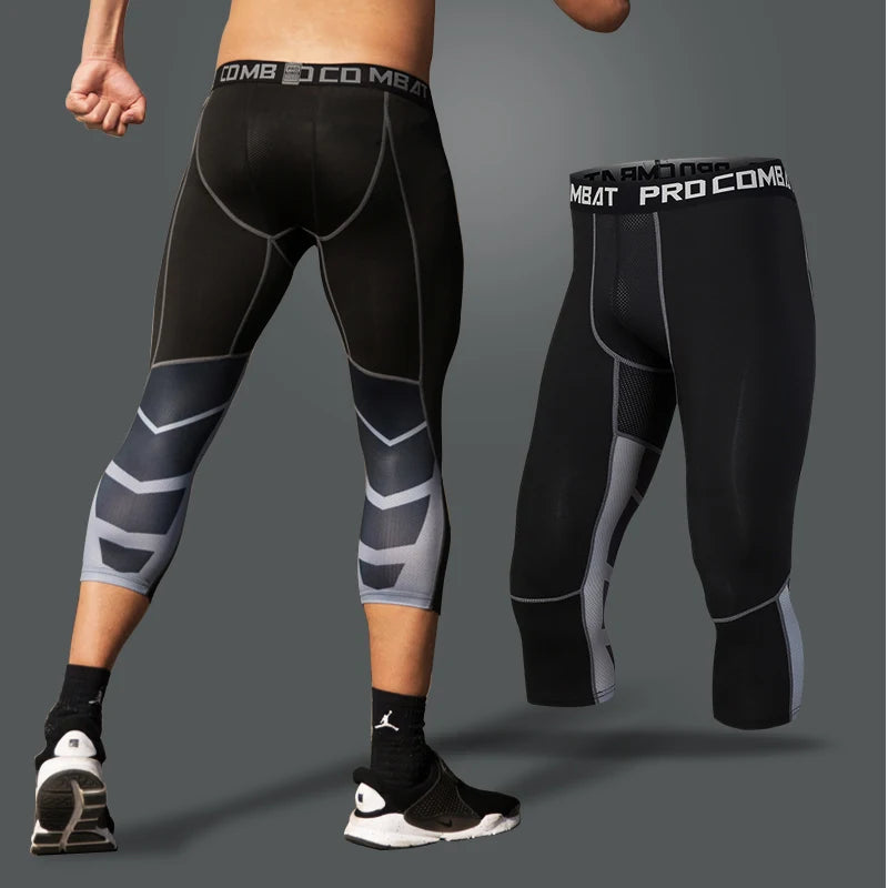 Men's Sports 3/4 Cropped Gym Running Leggings  Elastic Compressions Sweatpant Tights