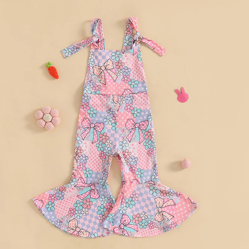 Girls' Easter Romper Pants - Sleeveless Floral Rabbit Print Suspender Jumpsuit