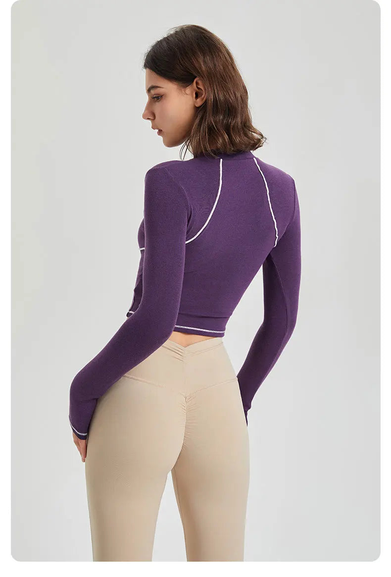 Women's Long Sleeve Yoga Shirt Striped Slim Fit Gym Running Top Round Neck Blouse Breathable Soft Workout Sportswear