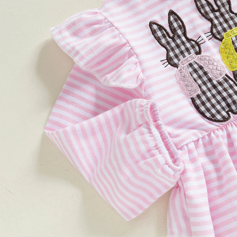 Baby Girls' Easter Spring Romper - Rabbit Embroidery Long Sleeve Striped Jumpsuit