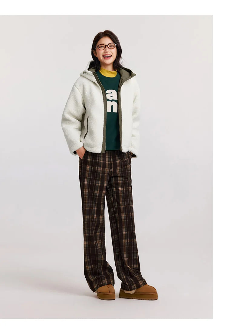 Women's Anti-Static Faux Sherpa Hooded Jacket - Loose Fit Color Block Winter Coat