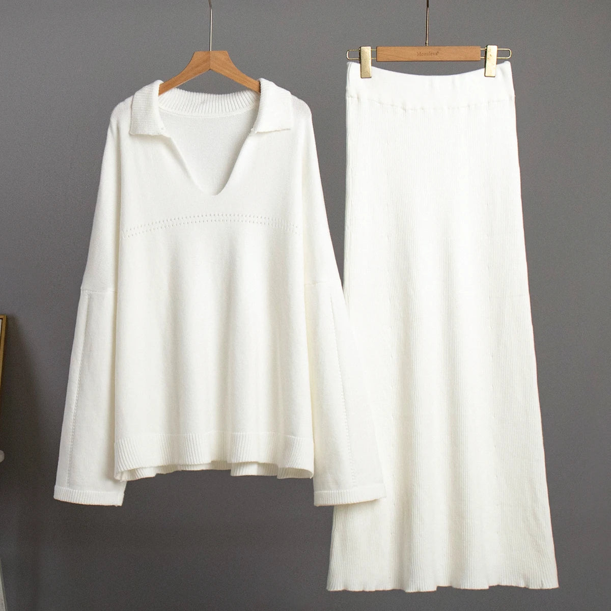 Women's Loose Sweater V-Neck Knit Pullover Top and Long High Waist Skirt 2 Piece Set