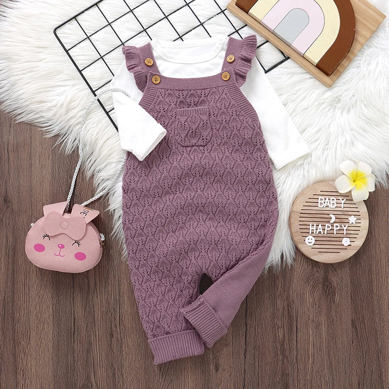 Baby Autumn Romper - Solid Ruffles Fly Sleeve Knit Jumpsuit Overalls Sweater