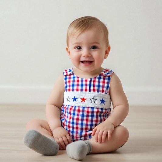 Baby Boys Independence Day Star Embroidered Romper - Plaid Print Sleeveless Overall (0-18M)