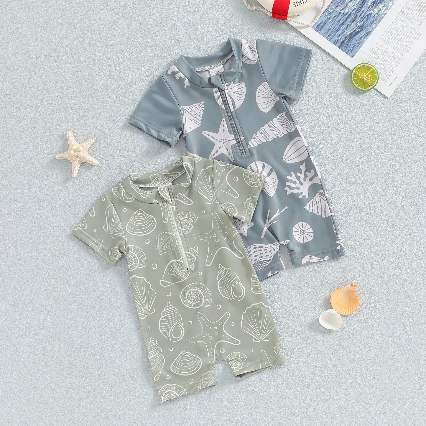 0-3Y Infant Baby Boys Summer Swimwear Cute Sea Element Prints Zipper Short Sleeve Swimsuit Beachwear